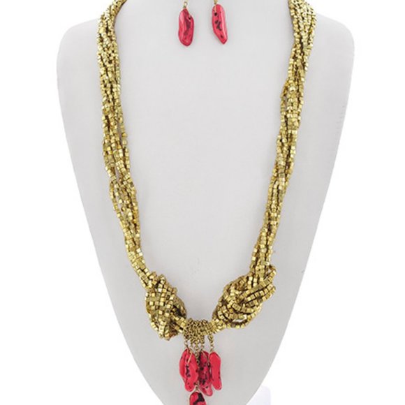 Style Cove Jewelry - BURNISHED GOLD & CORAL MULTI STRAND Y NECK SET